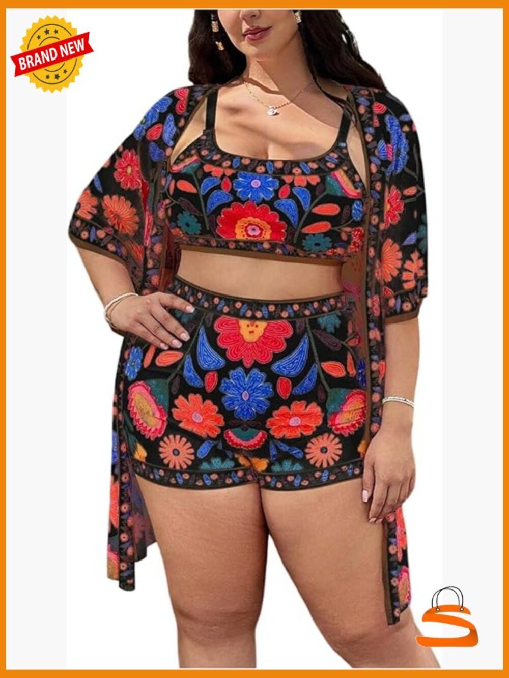Plus Size Tankini Swimsuit Set with Cover Up Boyshorts Floral